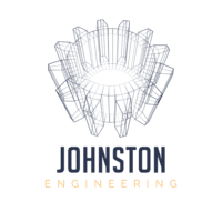 The image displays a logo consisting of a three-dimensional wireframe drawing of a gear with a stylized sunburst pattern, accompanied by the text "johnston engineering clients" below it.