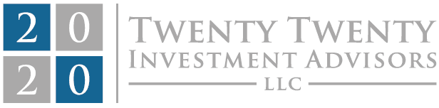 The image displays the logo of "twenty twenty investment advisors llc," catering to its clients, featuring stylized text and the year 2020 represented in a dual-tone square design to the left side