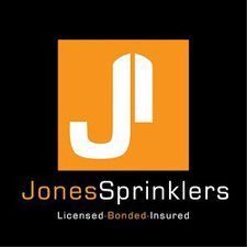A square logo featuring a white "j" inside an orange background, with the text "jonessprinklers" below it, serving our clients, and the words "licensed-bonded-ins