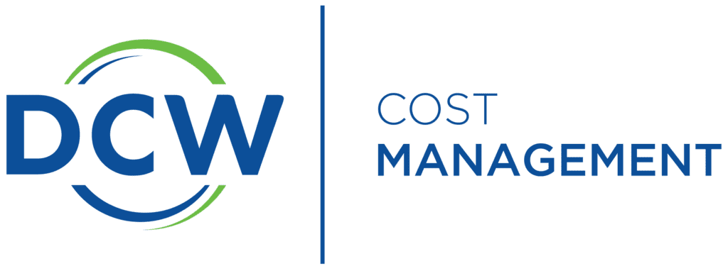 The image displays a logo consisting of the acronym "dcw" in a stylized circle on the left and the words "clients cost management" in a bold font on the right, separated by a