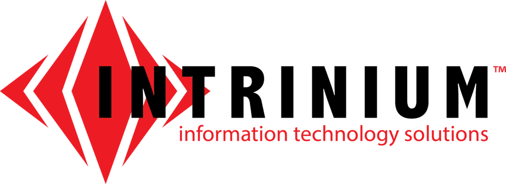 The image displays the logo for "Intrinium," which is described as providing "information technology solutions" for clients. The logo features a stylized red diamond shape with two white arrows pointing to the