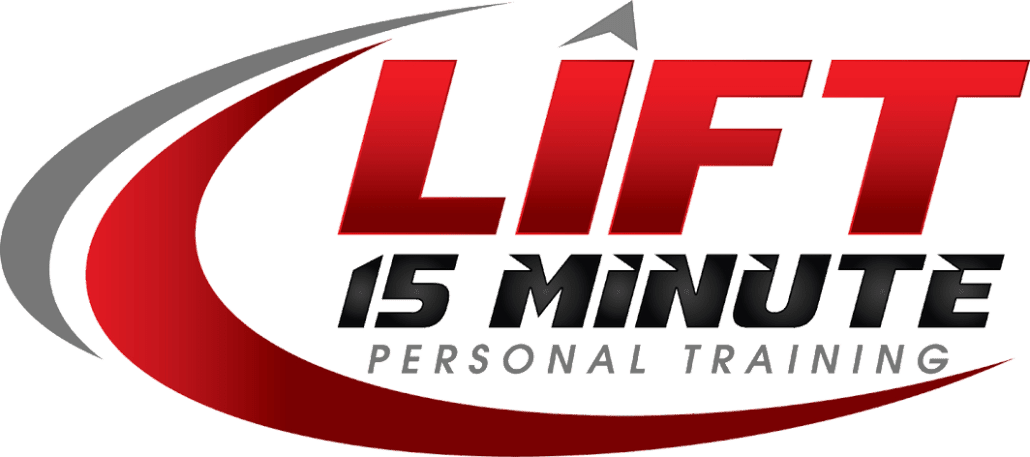 Logo of "lift 15 minute personal training," catering to clients, featuring stylized red text and a swooping gray arrow encircling the word "lift.