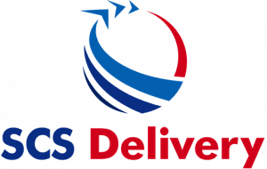 Company logo for SCS Delivery, featuring a blue and red arrow emblem above the company name on a textured background, symbolizing top-tier client management.