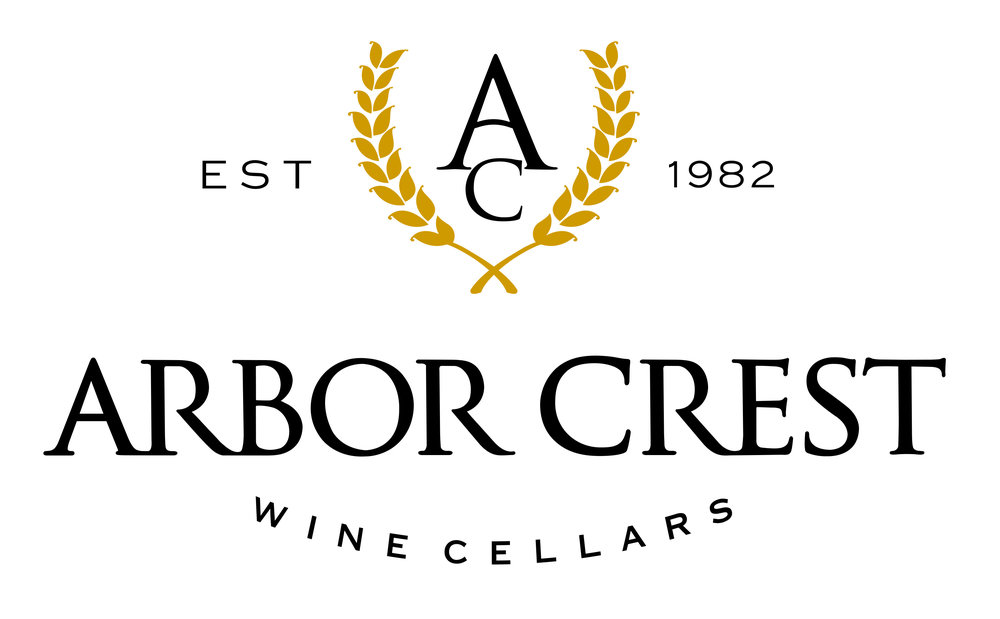 The image is a logo for Arbor Crest Wine Cellars, designed to appeal to clients by featuring the letters 'A' and 'C' within a golden laurel wreath. Above which is the