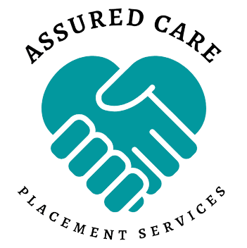 The image displays a logo consisting of two hands engaged in a handshake, forming a heart shape above the hands. The text "assured care" is arched above the graphic, and "placement services