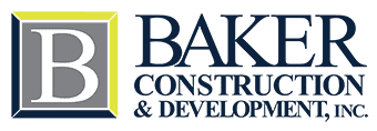 Logo of Baker Construction & Development, Inc., featuring a capital "B" in a square next to the company name in stylized font, emphasizing our commitment to client management.