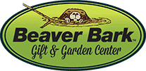 Logo of beaver bark gift & garden center, featuring an illustration of a beaver holding a branch against a vibrant green and yellow oval background.