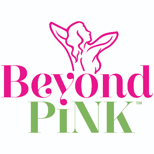 Logo of "Beyond Pink" designed for clients, featuring a stylized female figure with wings in silhouette form, with the brand name in pink and green font.