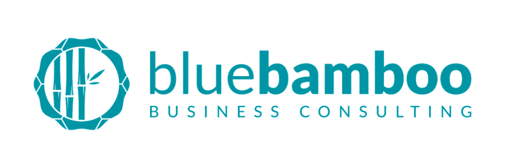 The image shows the logo for "blue bamboo business consulting," aimed at clients, featuring stylized text alongside a graphic element that resembles both a bamboo shoot and a globe. The overall color scheme is in