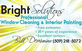A promotional banner for "bright solutions," offering professional window cleaning and interior painting services with free estimates, over 20 years of experience, excellent reviews from clients, and contact information for Bill Demaine.