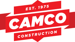 The image displays a logo for "Camco Construction," designed to appeal to both SEO and clients, with the establishment year noted as "est. 1975." It features a combination of red and