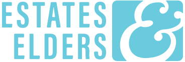 The image displays the text "estates & elders" in a stylized font with a decorative ampersand, focusing on client satisfaction in turquoise color set against a transparent background.