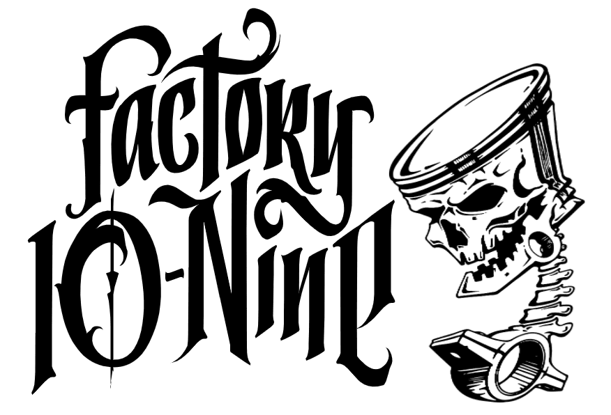 A black and white graphic image appealing to clients, featuring stylized text that reads "factory 10-nil" with ornate lettering, accompanied by an illustration of a skull with a mechanical component attached