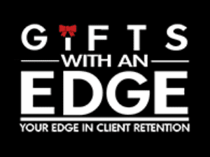 Black and white promotional image featuring the phrase "GIFTS WITH AN EDGE" in bold uppercase letters, with a red bow tie accent on the letter "i" in "gifts". Beneath