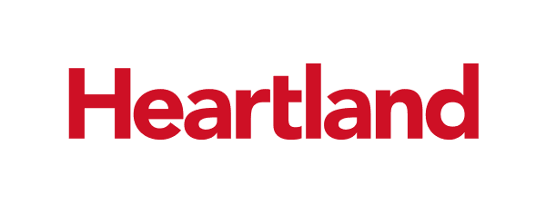 The image displays the word "heartland" in red capital letters on a green background for clients.