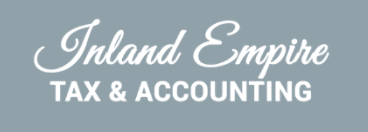 The image displays a text logo for clients that reads "inland empire tax & accounting" in a cursive font on a grey background.