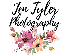 The image presents the text "Jen Tyler Photography" in a cursive handwriting style, enhanced by an ornate floral arrangement in hues of pink and peach.