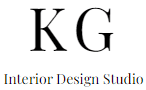 Logo of "kg interior design studio" with the letters "k" and "g" prominently displayed in a large font above the full name of the business, designed to attract clients, in a smaller