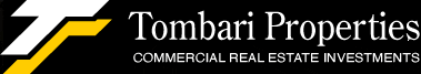 The image shows a logo for a company named "Tombari Properties," which specializes in providing clients with commercial real estate investments. The logo features a stylized letter "T" in yellow against a