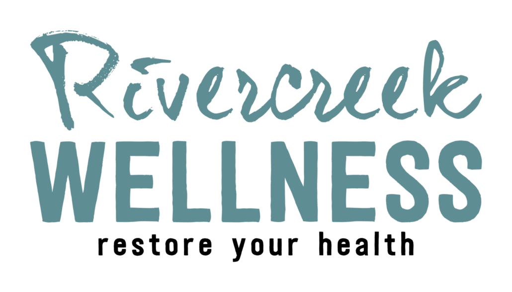 The image depicts the logo for Rivercreek Wellness, with the tagline "Restore your health" underneath in a smaller font, aiming at client satisfaction. The logo employs a cursive and casual type