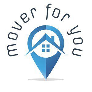 Logo of a company called "mover for you," designed to attract clients with a graphic combining a map pin and a stylized house, using a blue and gray color scheme.