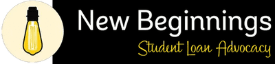 The image displays a logo for "New Beginnings," a student loan advocacy group, focusing on client management and featuring a light bulb graphic to symbolize ideas or solutions.