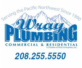 Logo of Wray Plumbing, highlighting commercial and residential services for our clients, with a mountain graphic in the background, indicating the company has been serving the Pacific Northwest since 1990, along with a