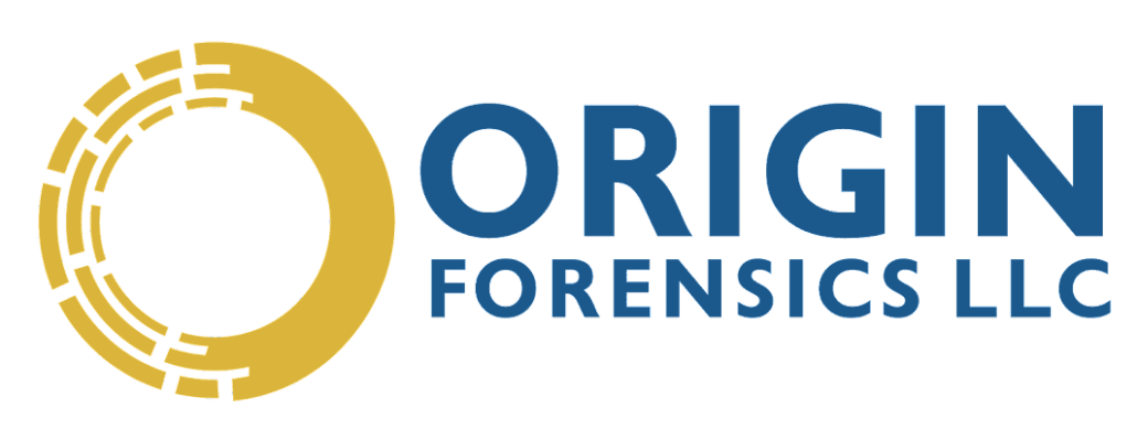 The image displays the logo for 'origin forensics llc', designed to appeal to clients, featuring stylized textual elements and a circular graphical element that resembles a magnifying glass or a loop,