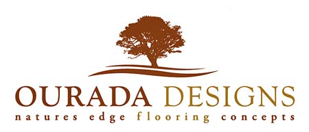 The image shows a logo for Ourada Designs, which caters to clients with interests in stylized tree designs above a wavy line, featuring the tagline "Natures Edge Flooring Concepts" beneath