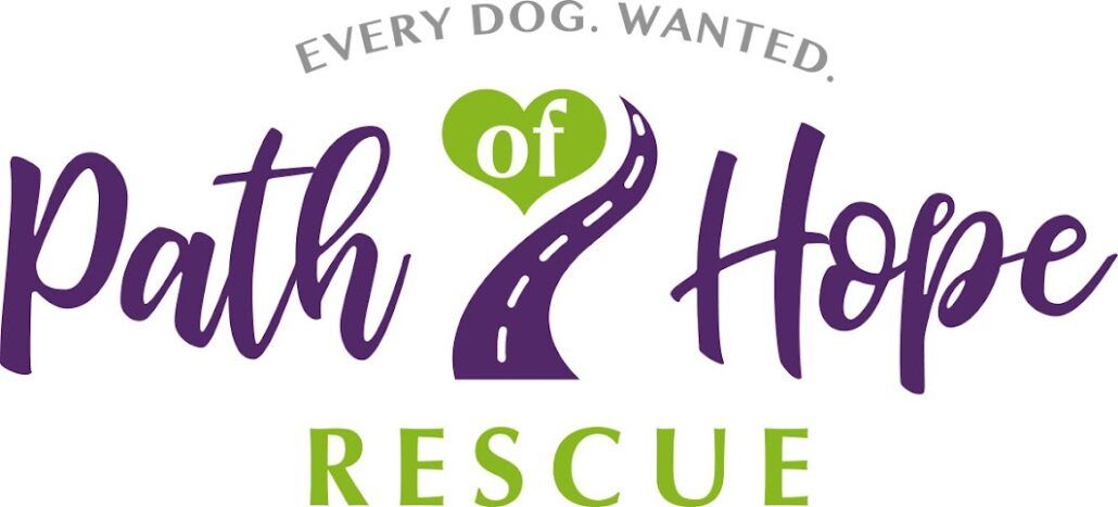 Logo of Path of Hope Rescue featuring stylized text and a heart symbol, with the tagline "Every dog wanted.