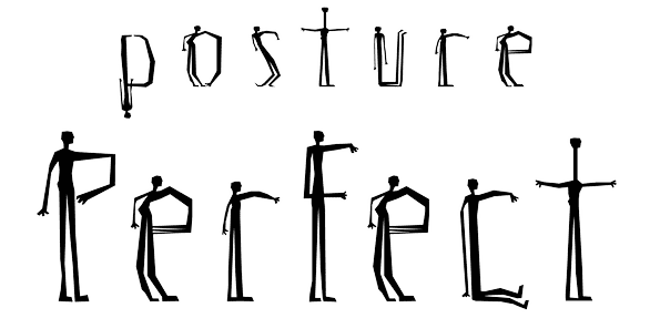An illustrative representation of the phrase "posture perfect" with human figures forming each letter, demonstrating different standing postures.