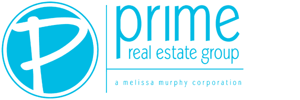 The image is a logo for "Prime Real Estate Group, a Melissa Murphy Corporation," catering to clients and featuring a stylized letter 'p' inside a circle with a turquoise and blue color scheme.