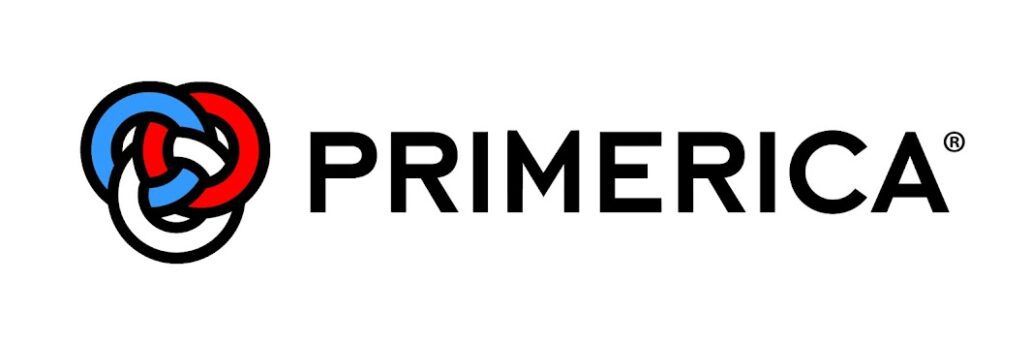 The image displays the logo of Primerica, focusing on client management, and consists of an abstract emblem with intertwined red and blue elements on the left, followed by the word "PRIMERICA" in