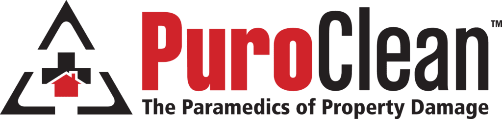 This is a logo for PuroClean, which is tailored for clients, featuring red and black text with an icon of a house and a medical cross, along with the tagline "the paramedics