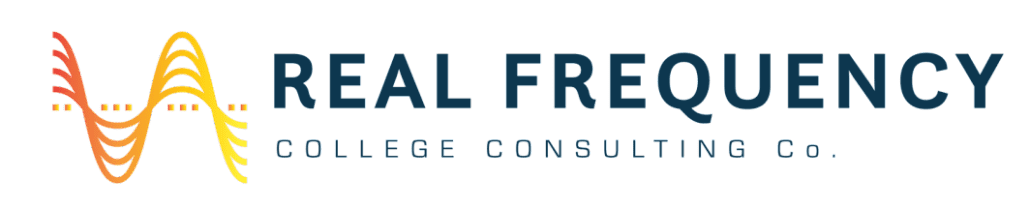 The image shows a logo for "real frequency college consulting co." featuring stylized yellow and orange radio waves emanating from a central point, intended to appeal to clients. This design is overlaid on