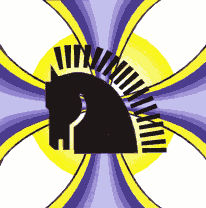 An animated image of a black knight chess piece in profile, set against a background with a radial yellow and purple pattern, designed for clients interested in unique digital art.