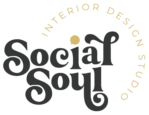 The image features a logo designed for clients of the "social soul interior design studio," displayed in a decorative font with the word "soul" prominently stylized, and a small yellow circle, possibly