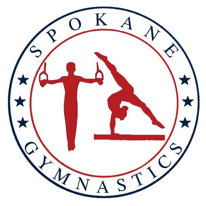 The image displays a circular logo with a blue outer ring containing the word "Spokane" at the top and "gymnastics" at the bottom, separated by stars. Inside the ring,
