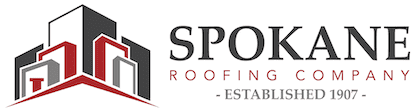 Logo of Spokane Roofing Company, designed for client management, featuring an abstract representation of a building with the red and grey color scheme, accompanied by the text "established 1907.