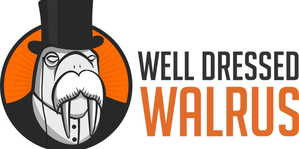 A graphic logo featuring a walrus in a top hat with the text "well-dressed walrus for clients.