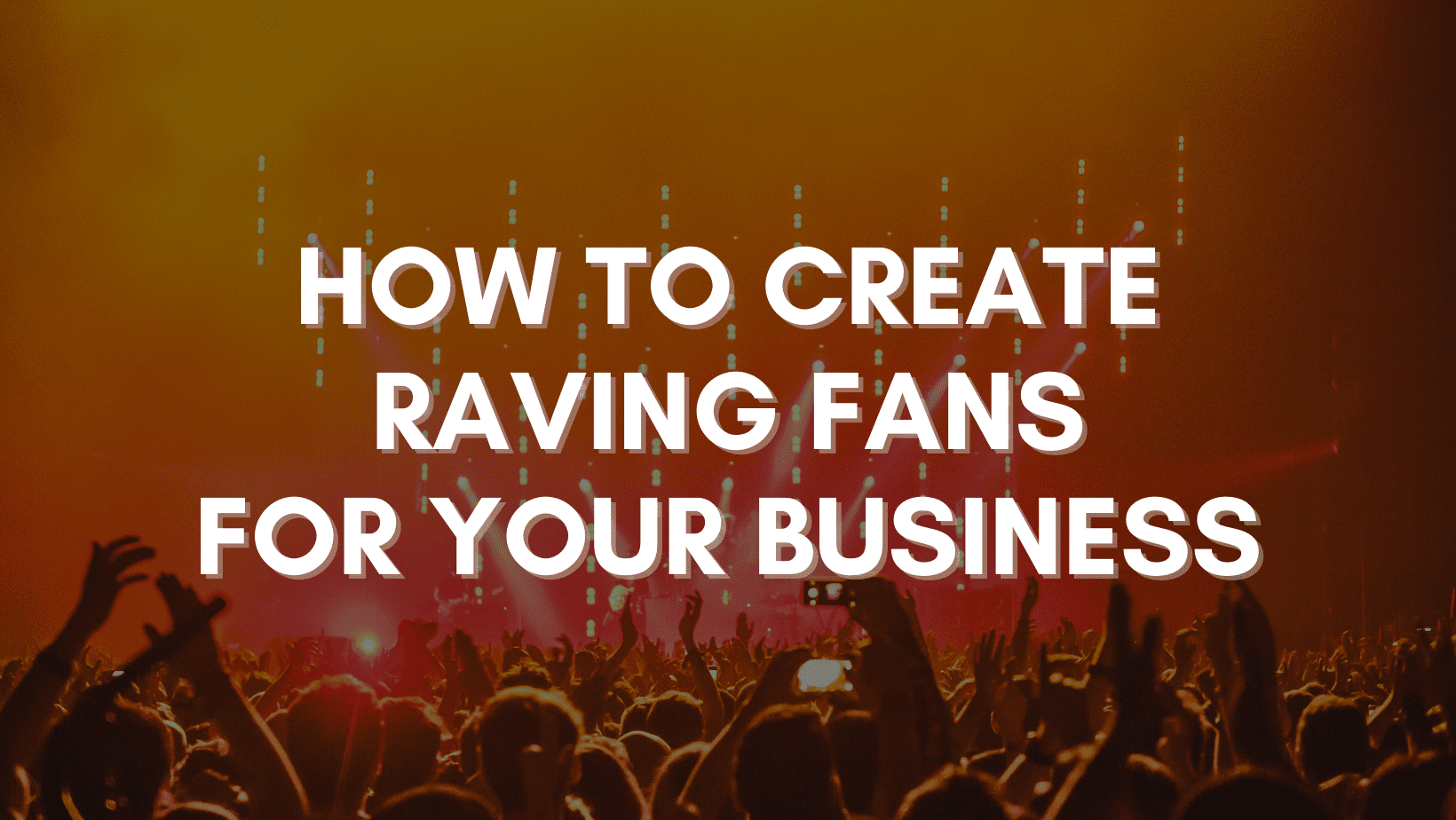 Concert audience with raised hands against a brightly lit stage with text overlay reading "How to Create RAVING Fans for Your Business.
